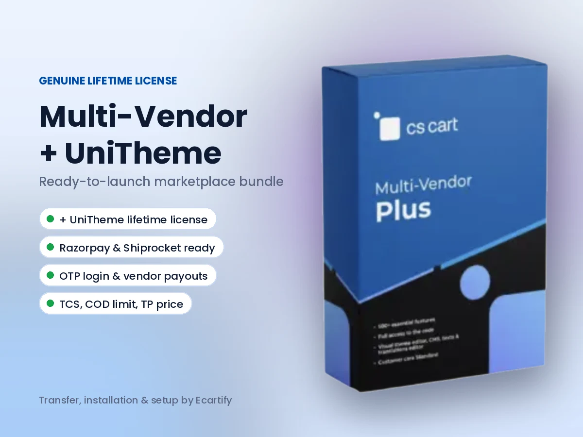 CS-Cart Multi-Vendor Plus Lifetime + UniTheme — Ready Marketplace Bundle — product box