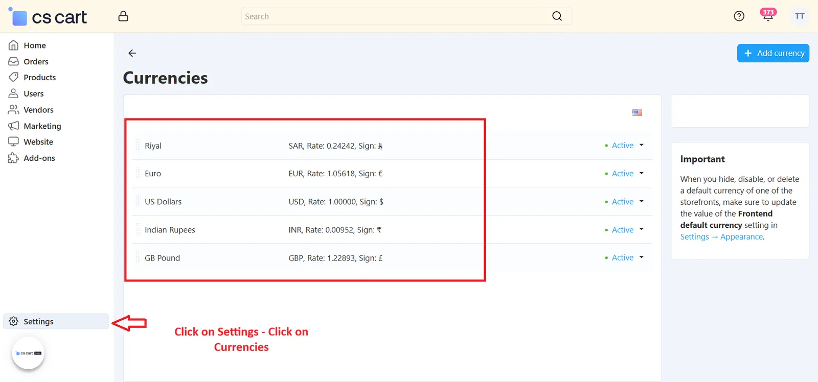 Currency enabled under Administration Currencies