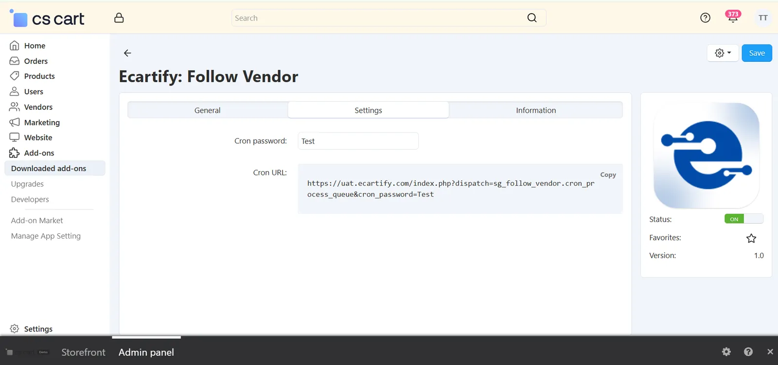 Set cron password in Follow Vendor addon settings