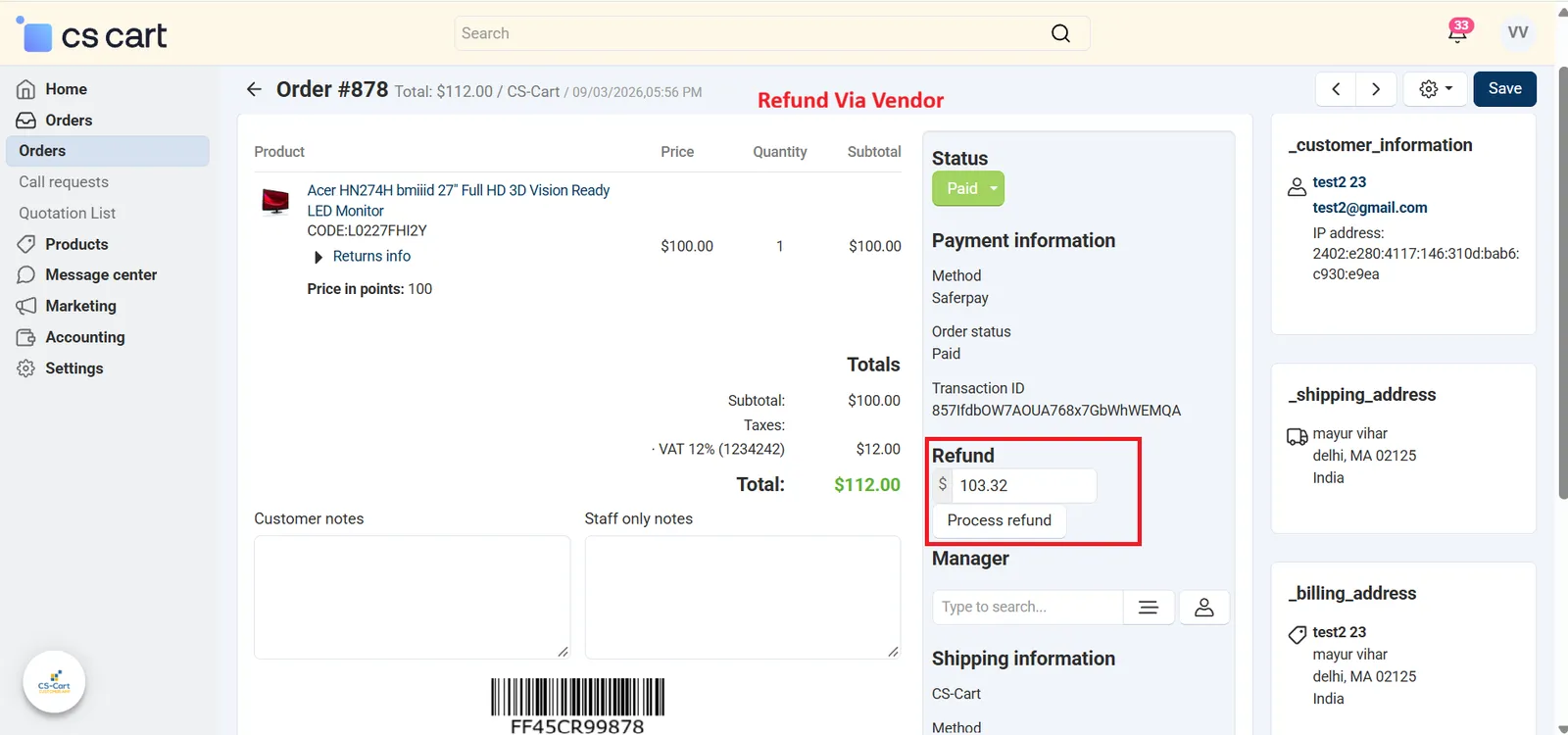 Refund button in vendor panel