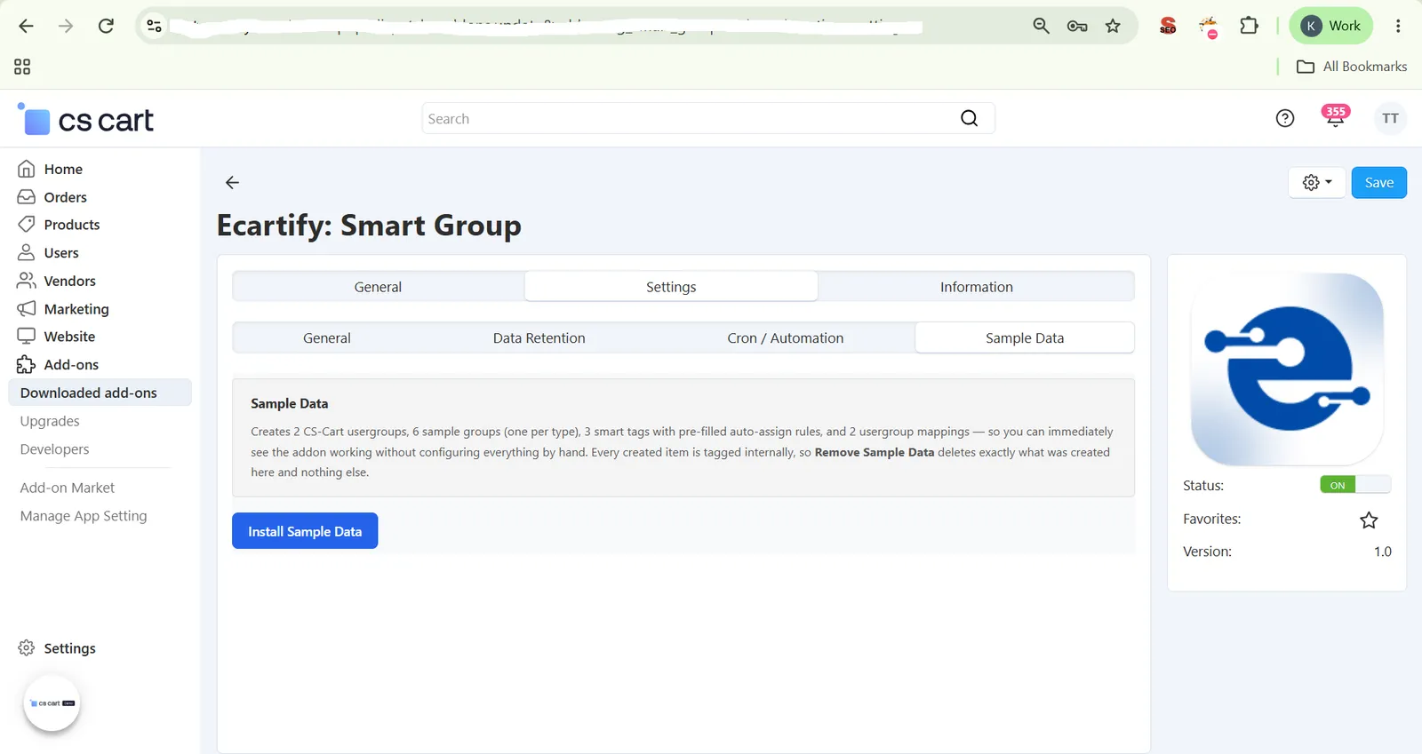 Sample Data tab with Install Sample Data option