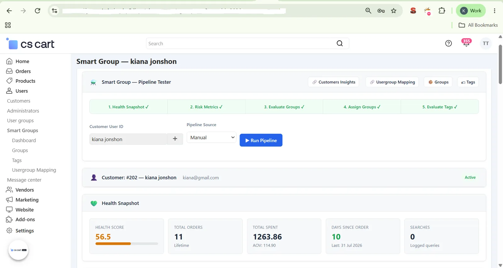 Pipeline Tester results showing customer health snapshot after running the pipeline