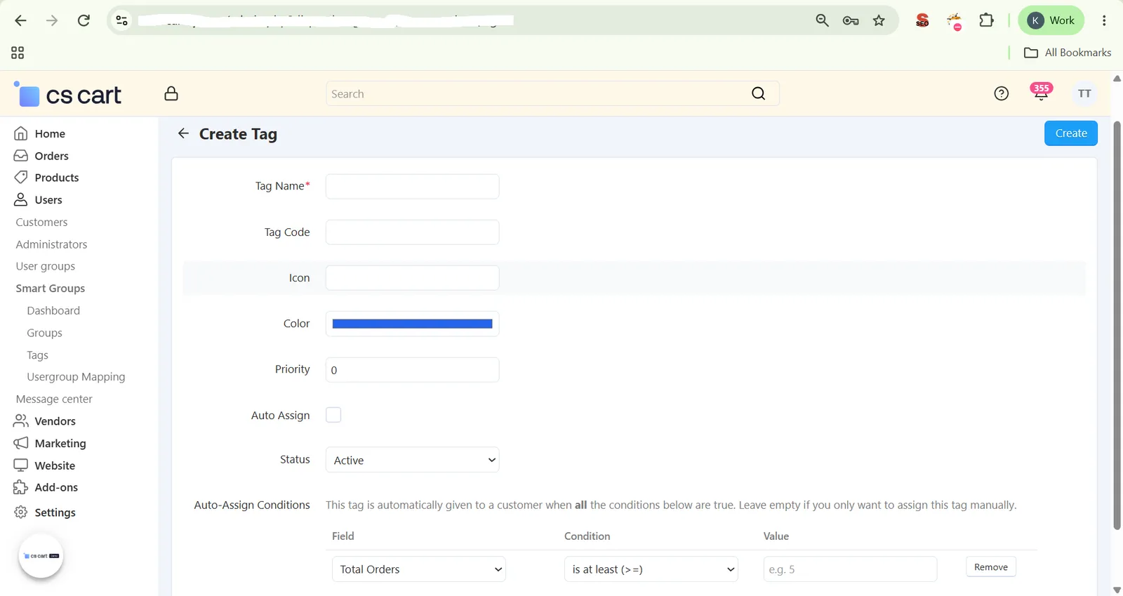 Create Tag page with Name, Code, Icon, Color, Priority, Auto Assign, and Status fields