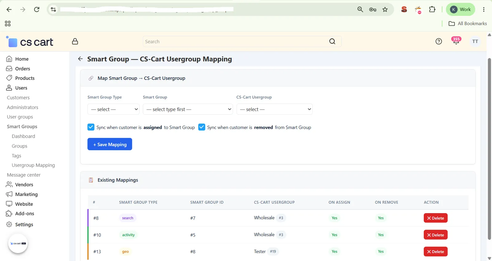 Existing Mappings table showing type, Smart Group ID, target Usergroup, and sync behavior