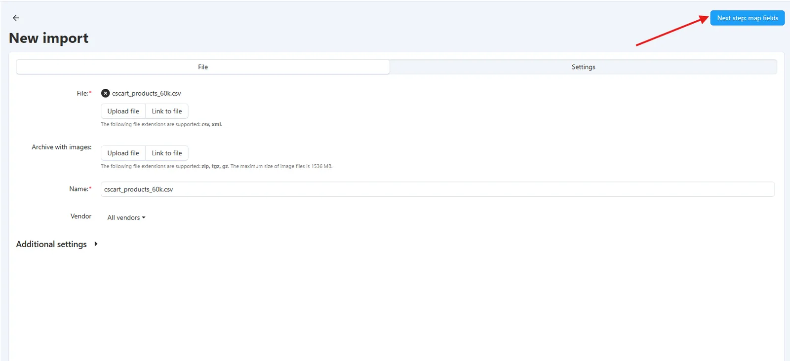 Setting upload for import