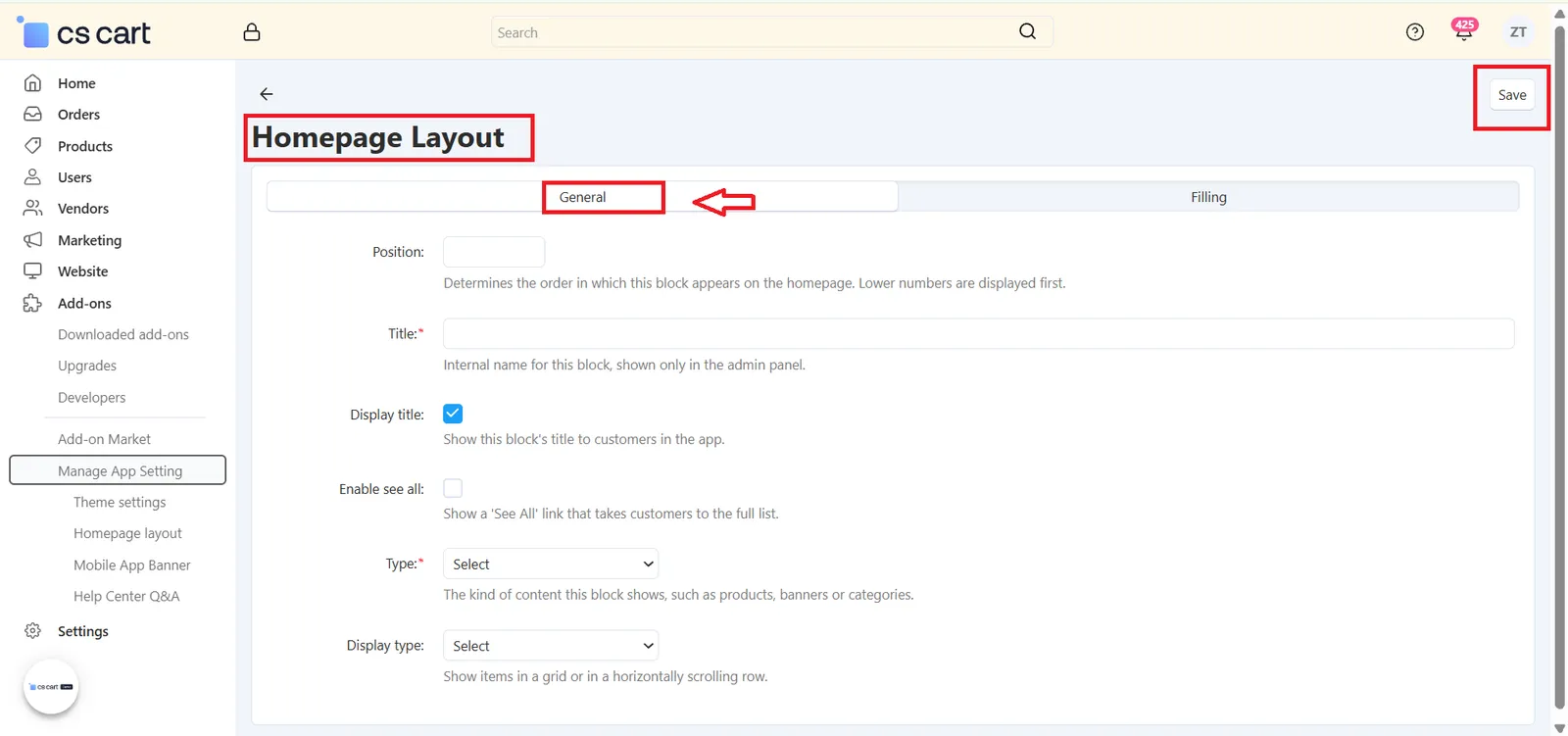 Homepage Layout – General tab with Position, Title, Display title, Enable see all, Type and Display type