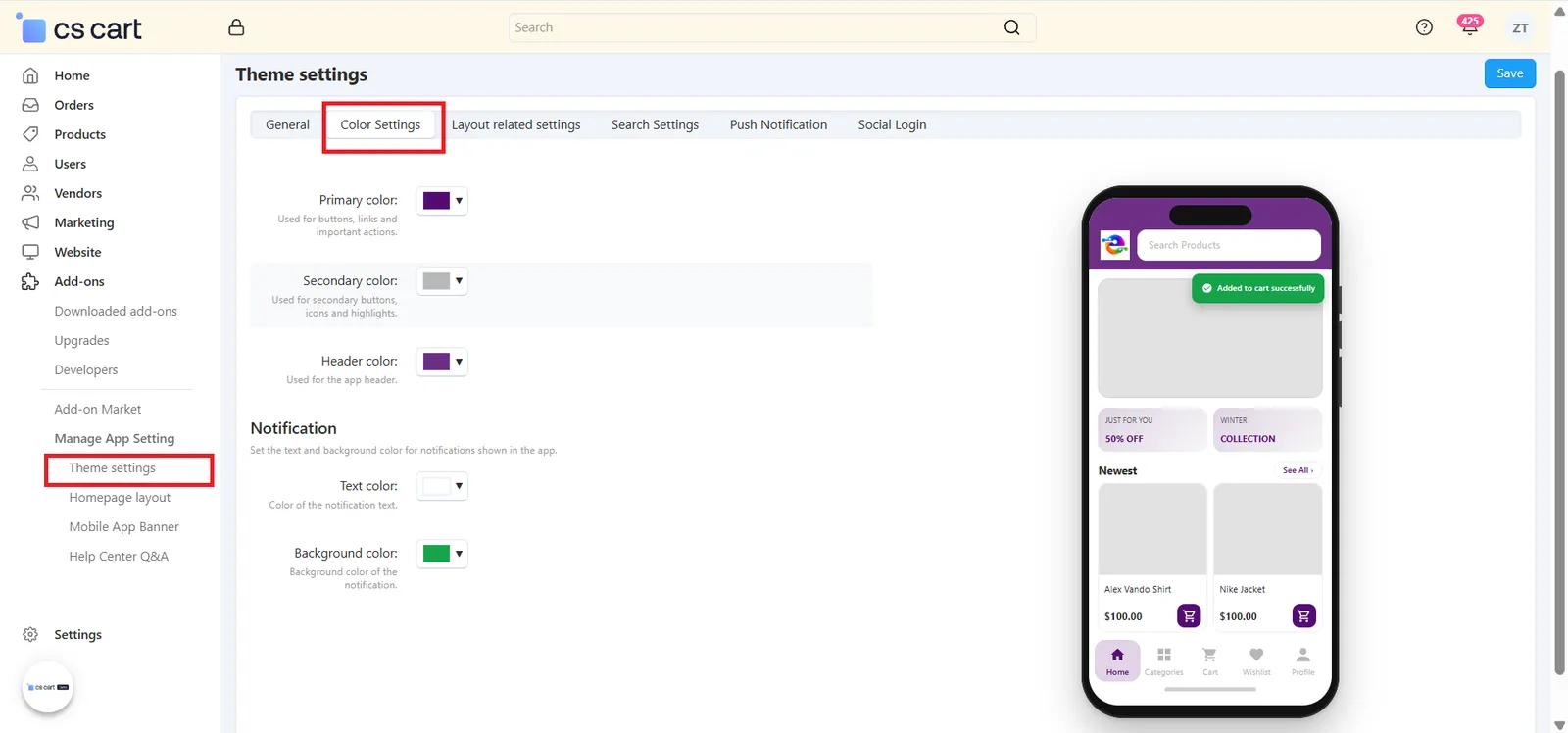 Theme Settings – Color Settings tab with live phone preview