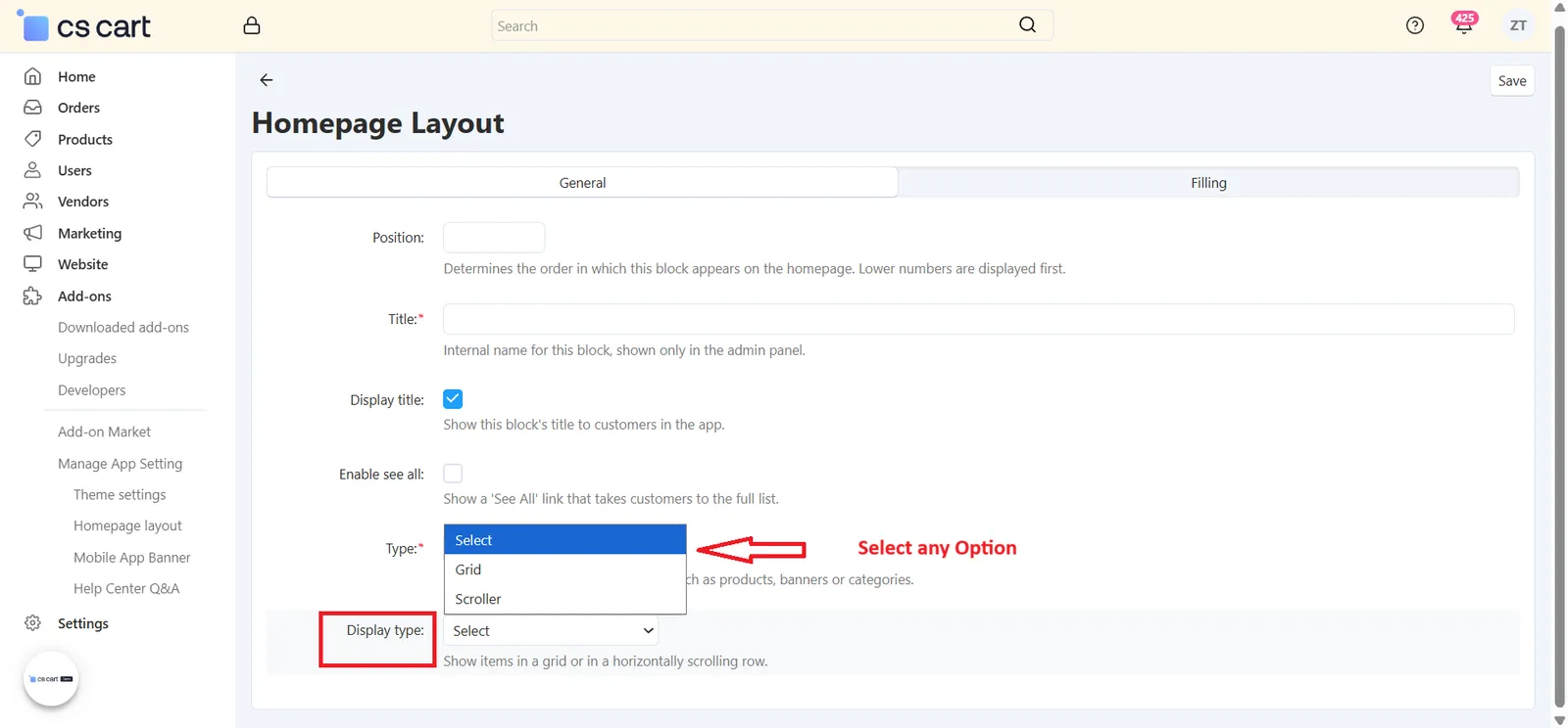 Display type dropdown showing Grid and Scroller