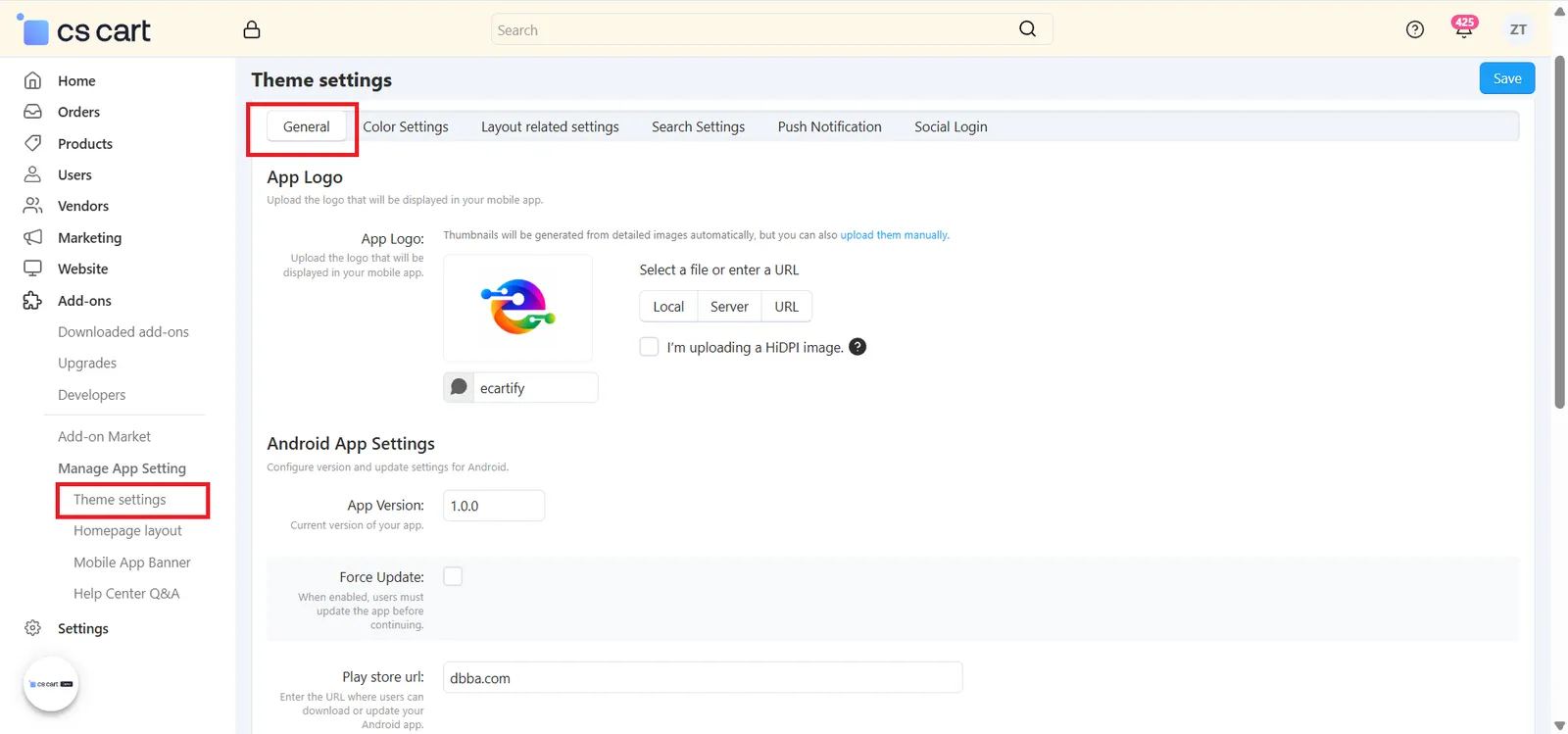 Theme Settings – General tab with App Logo, Android, iOS and Pages settings