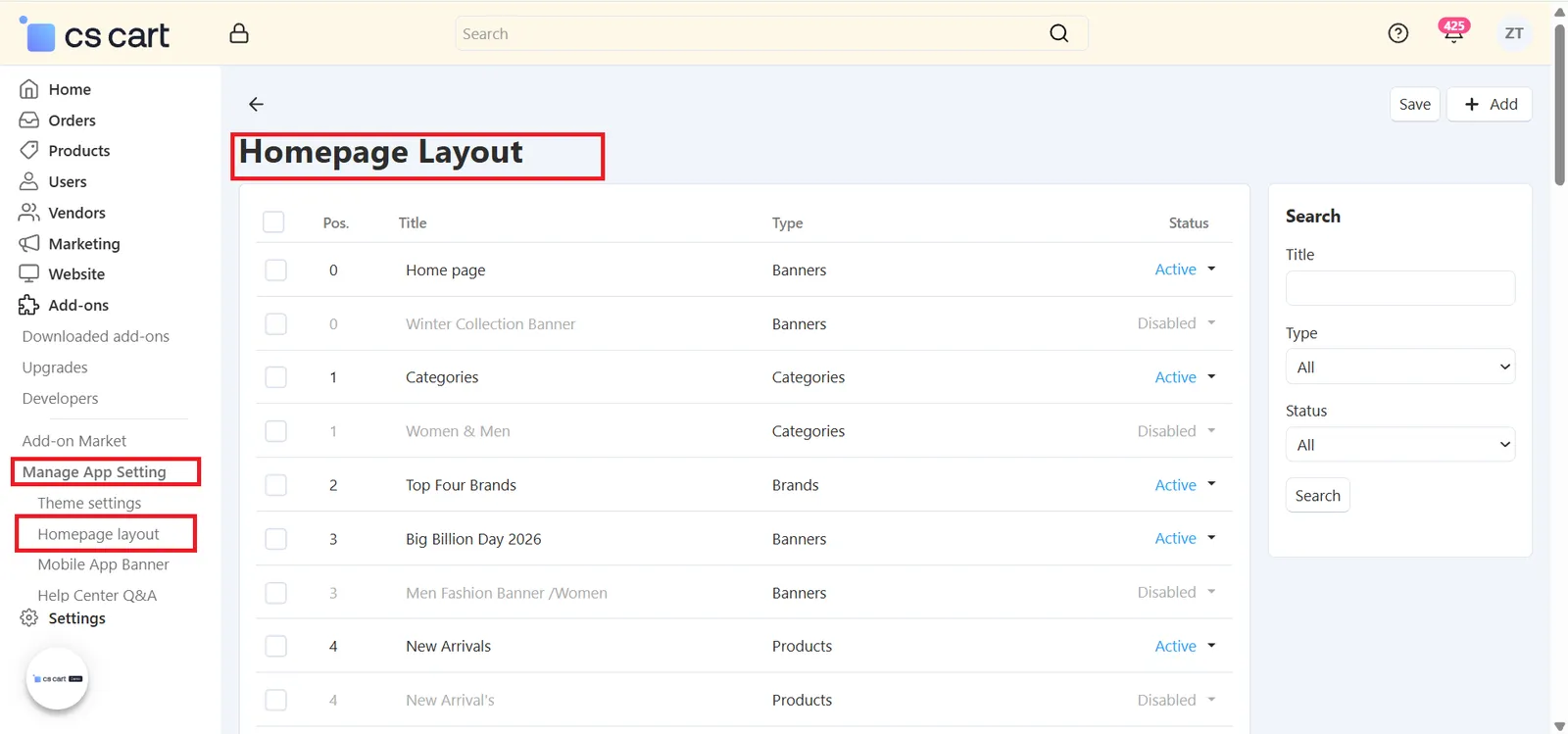 Homepage Layout list showing position, title, type and status of each block