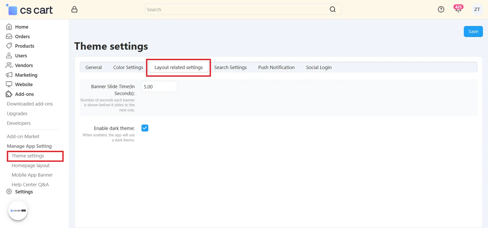 Theme Settings – Layout related settings tab