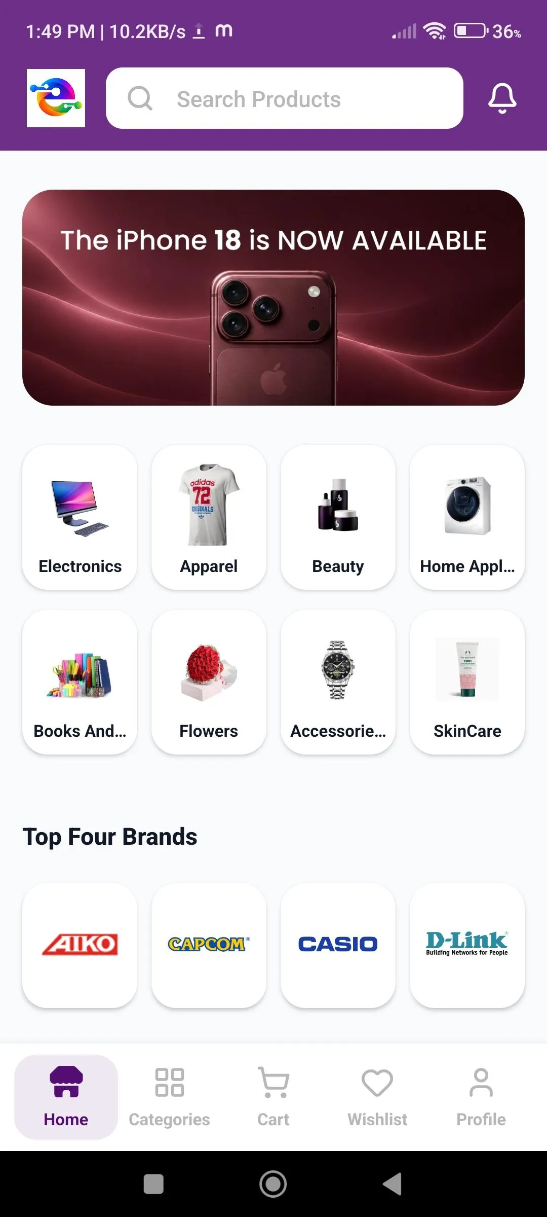 Customer app home screen