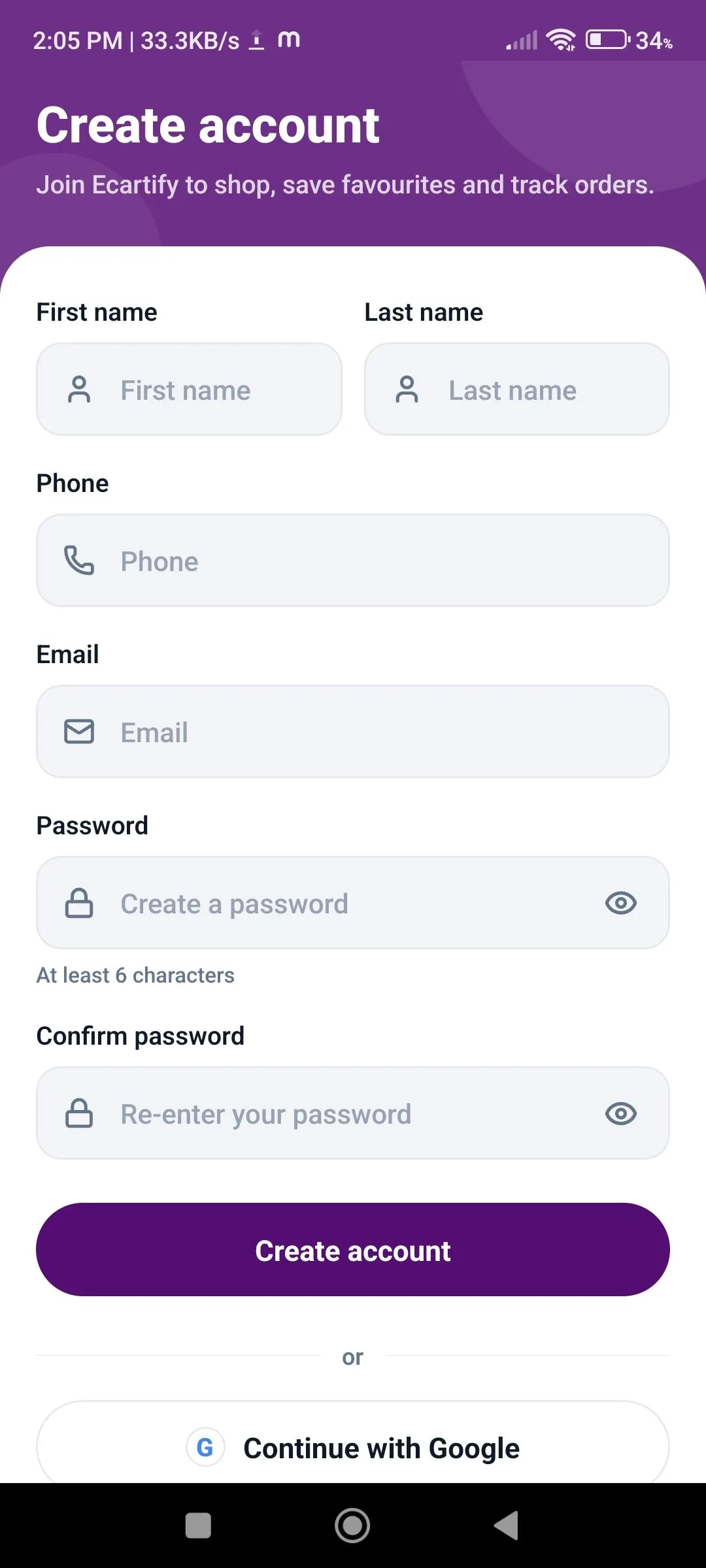 Create account screen