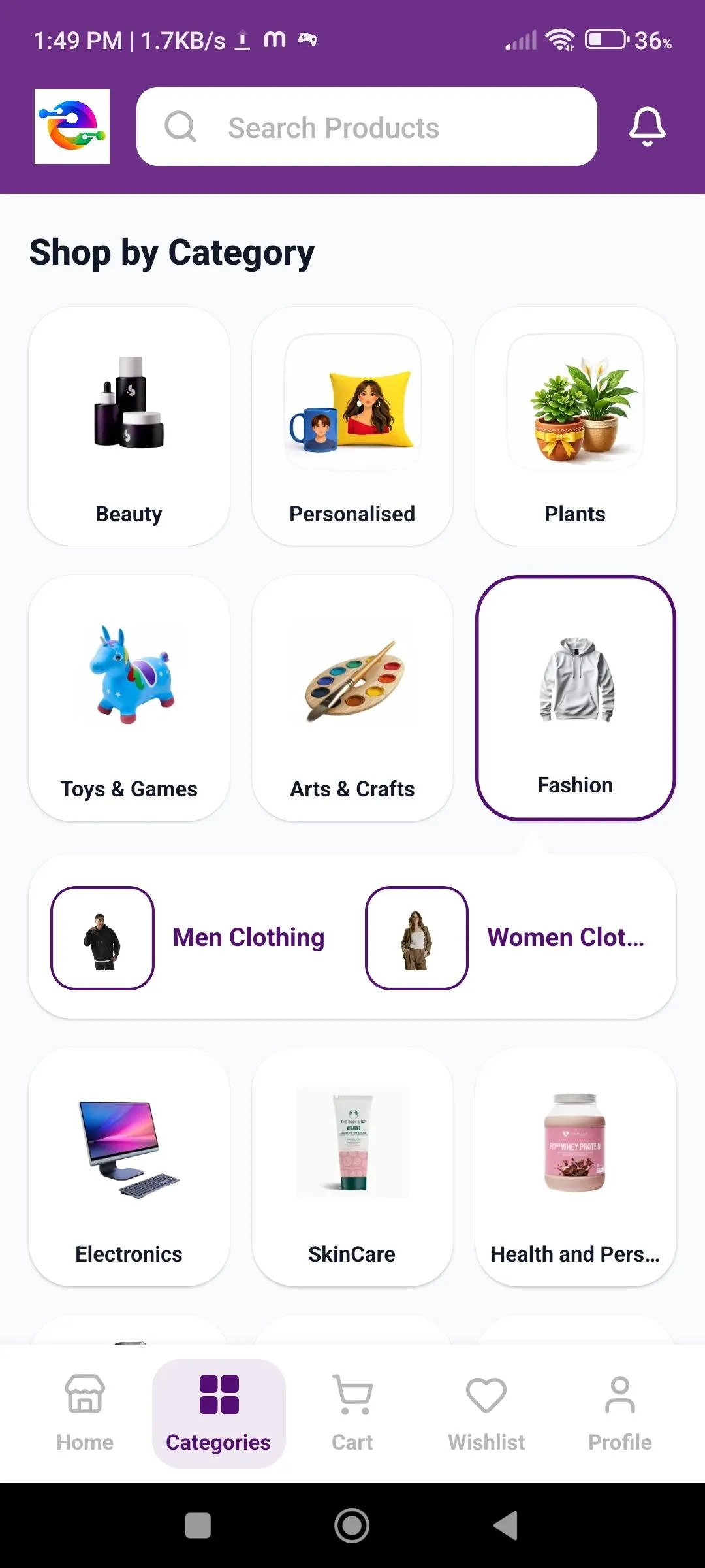 Shop by Category screen