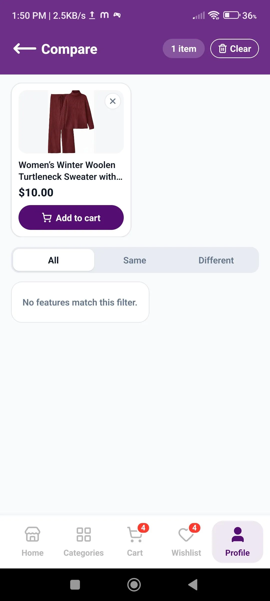 Compare screen