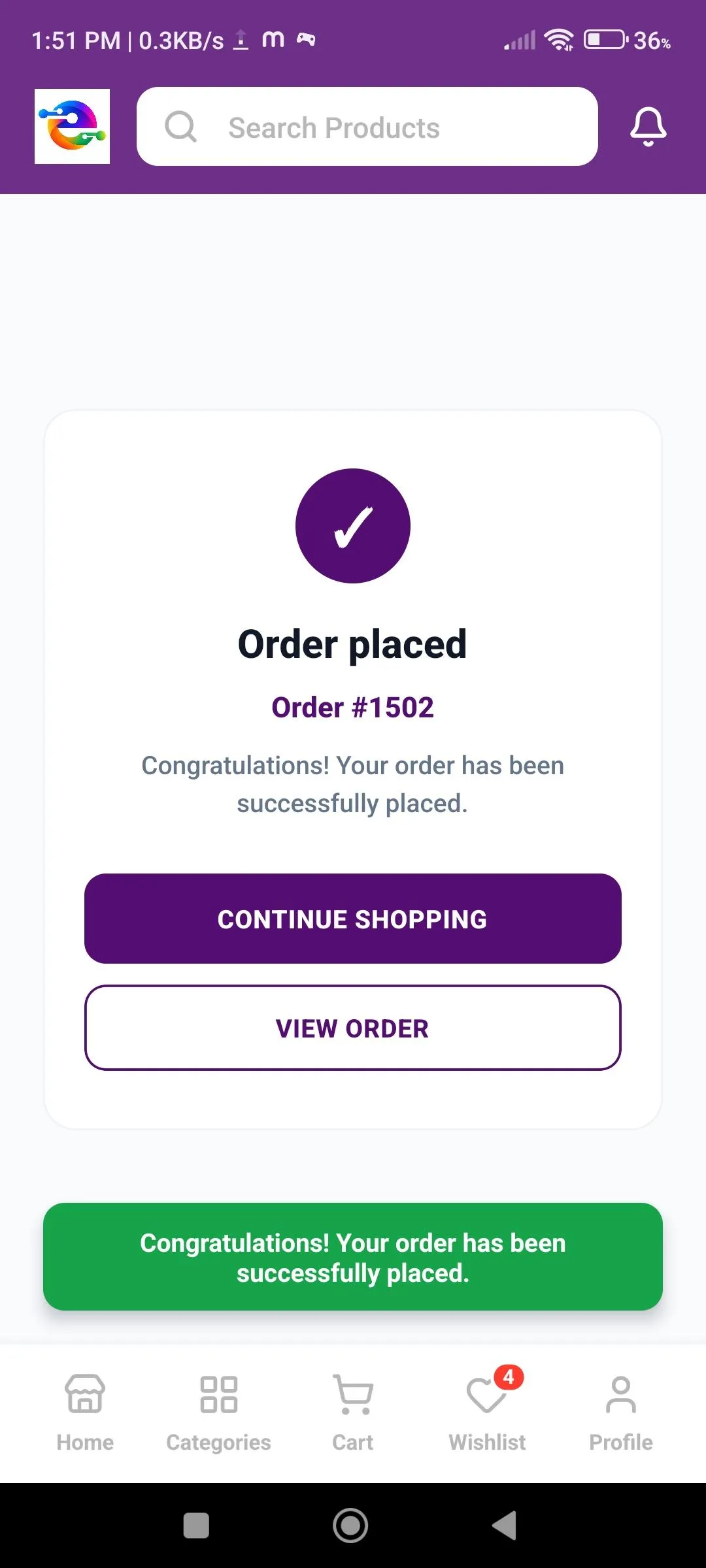 Order placed screen