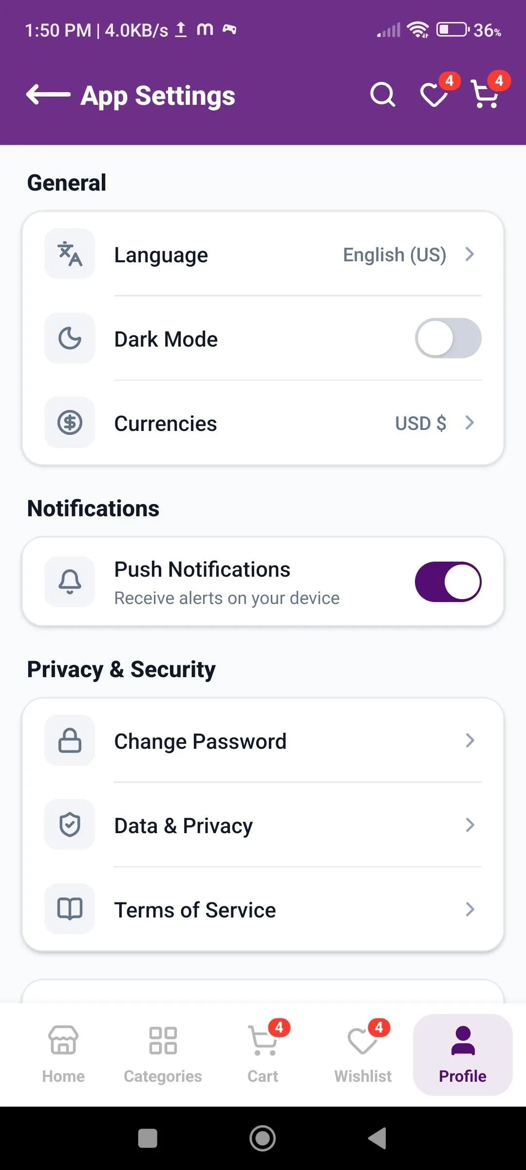 App settings screen