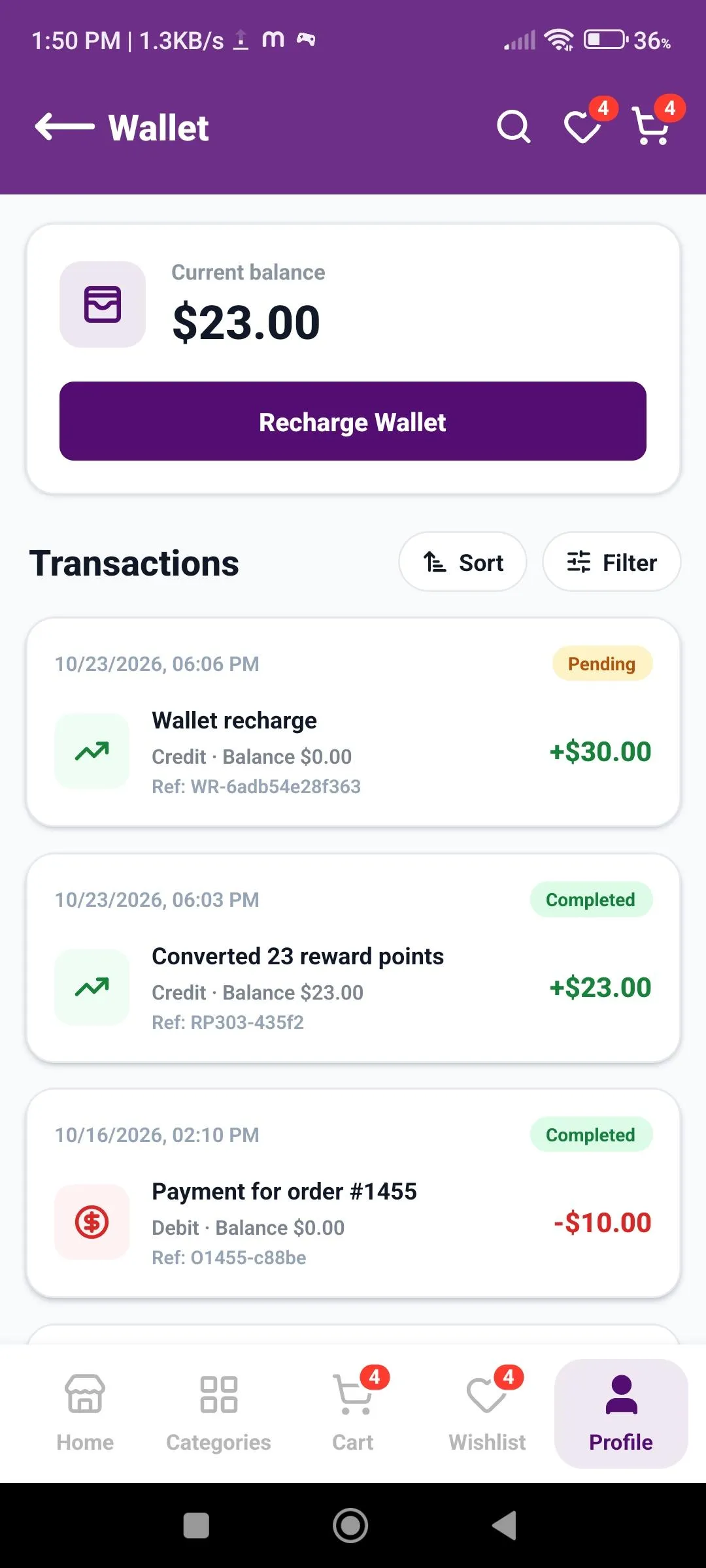 Wallet screen