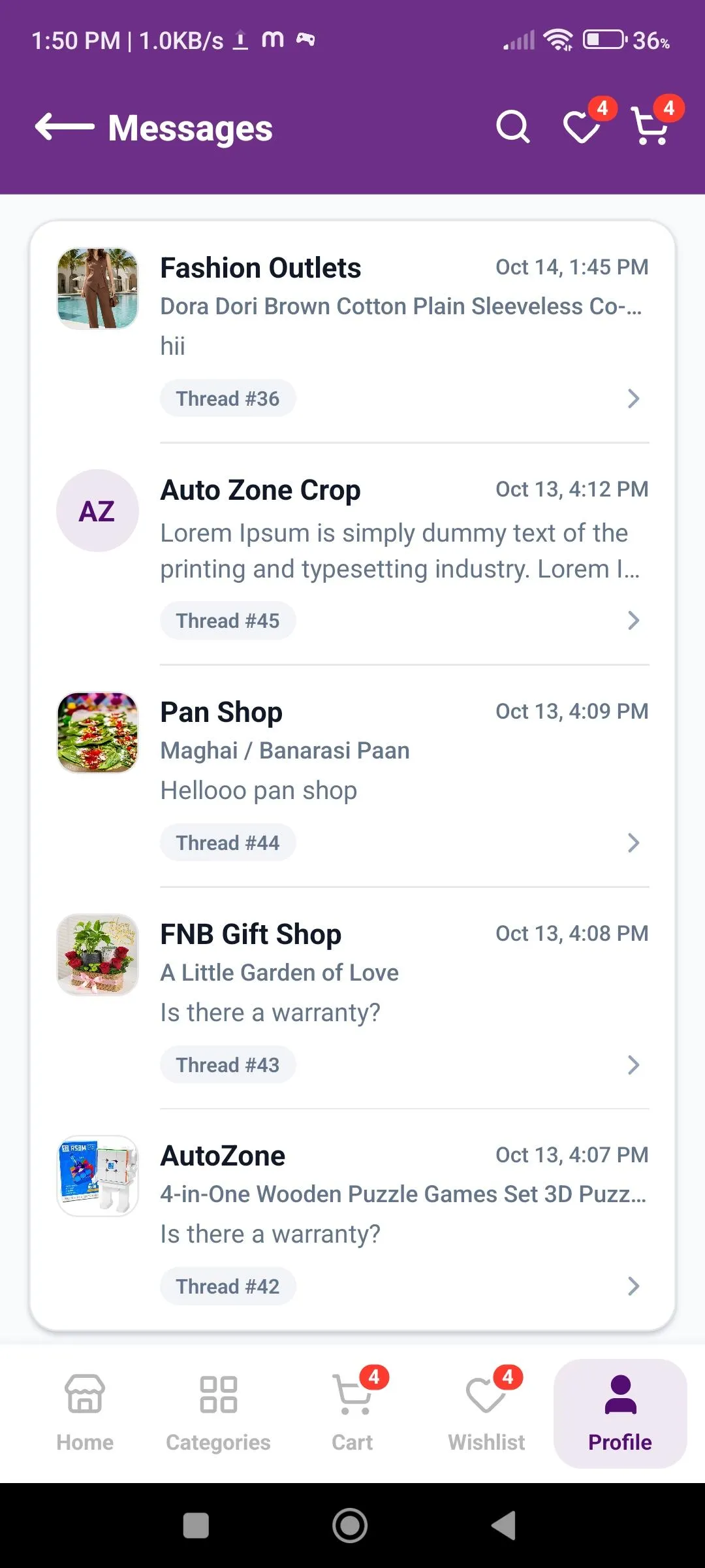 Messages screen