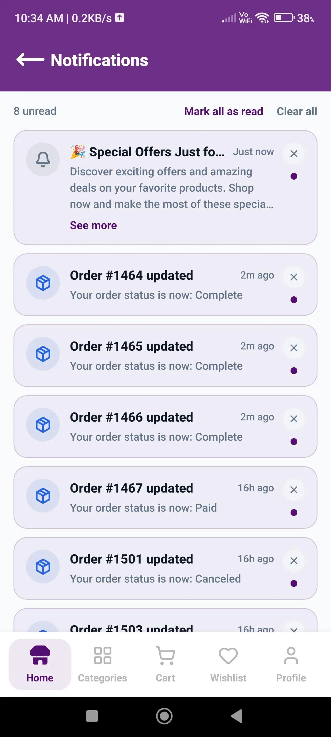 Order status alert shown on the home screen