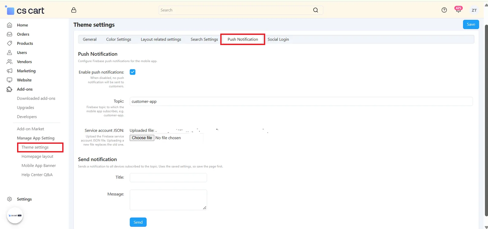 Theme Settings – Push Notification tab