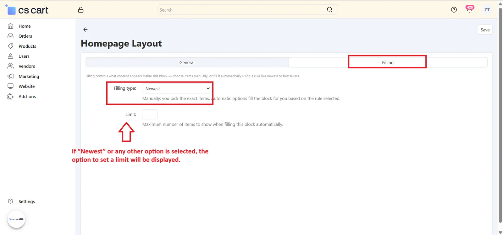 Filling tab – Manually selecting brands with the Add Brands button