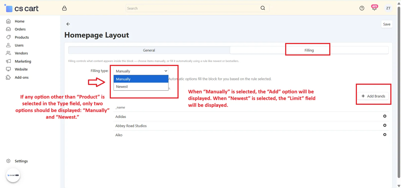 Filling tab – Filling type options Manually and Newest