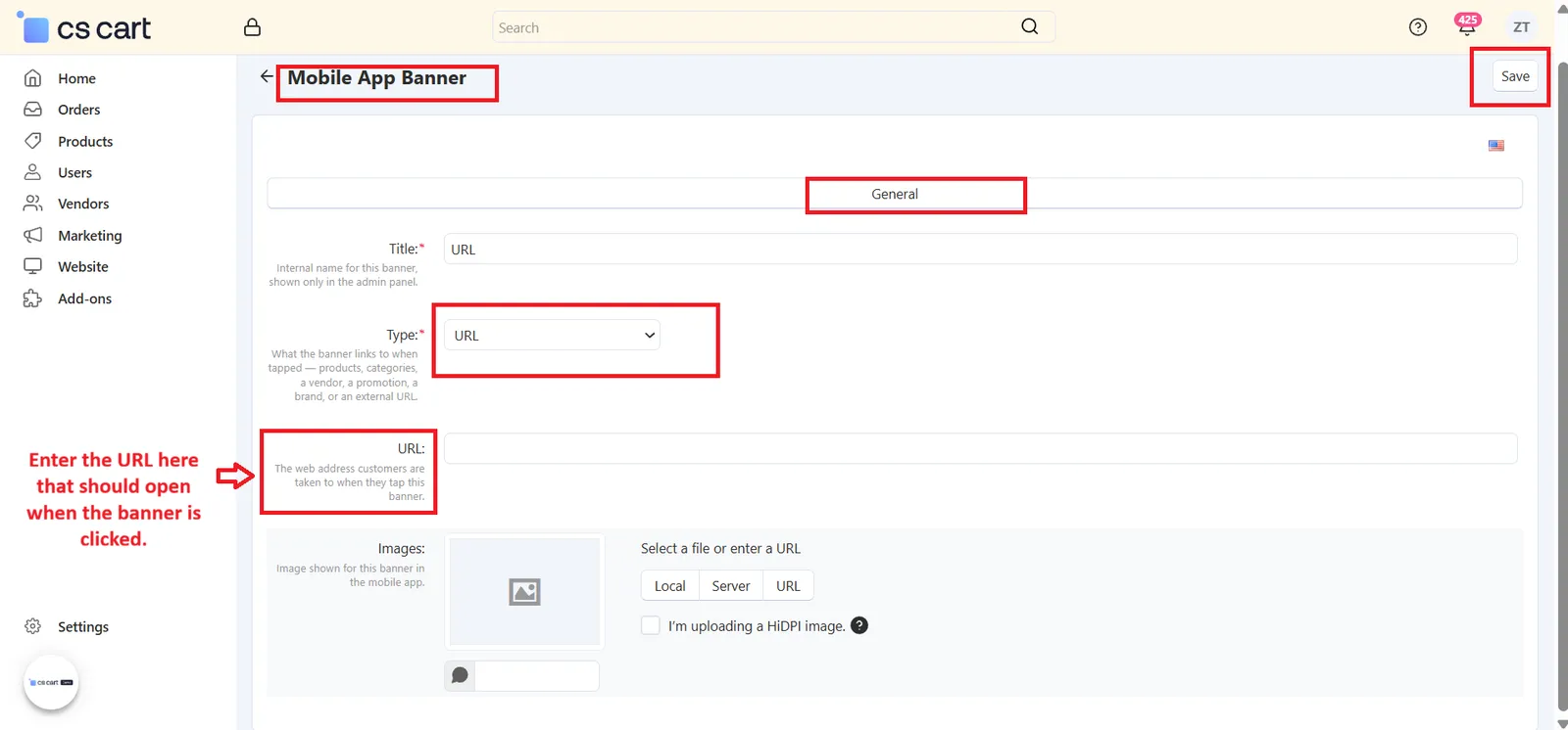 Mobile App Banner – Type set to URL with the URL field
