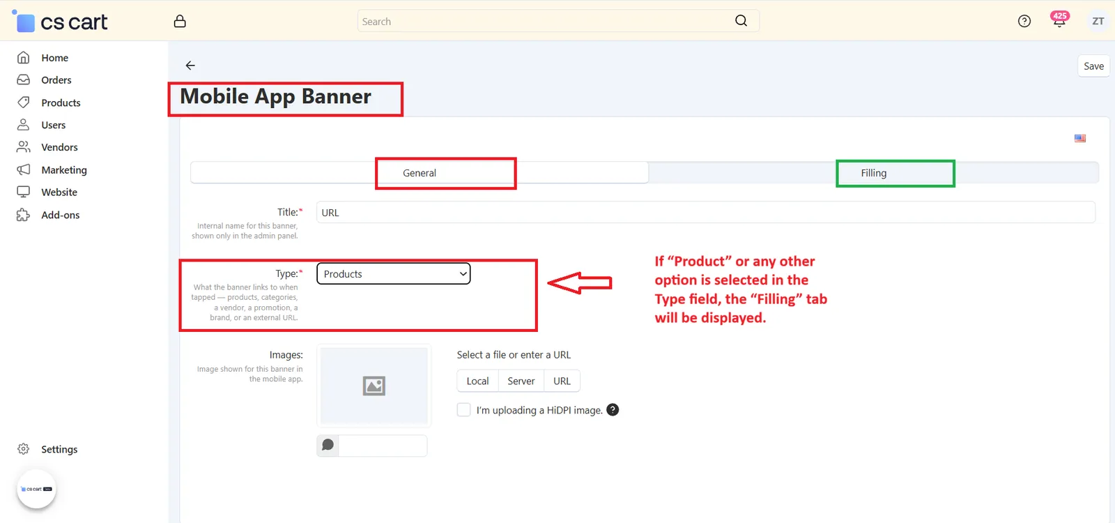 Mobile App Banner – Type set to Products with General and Filling tabs