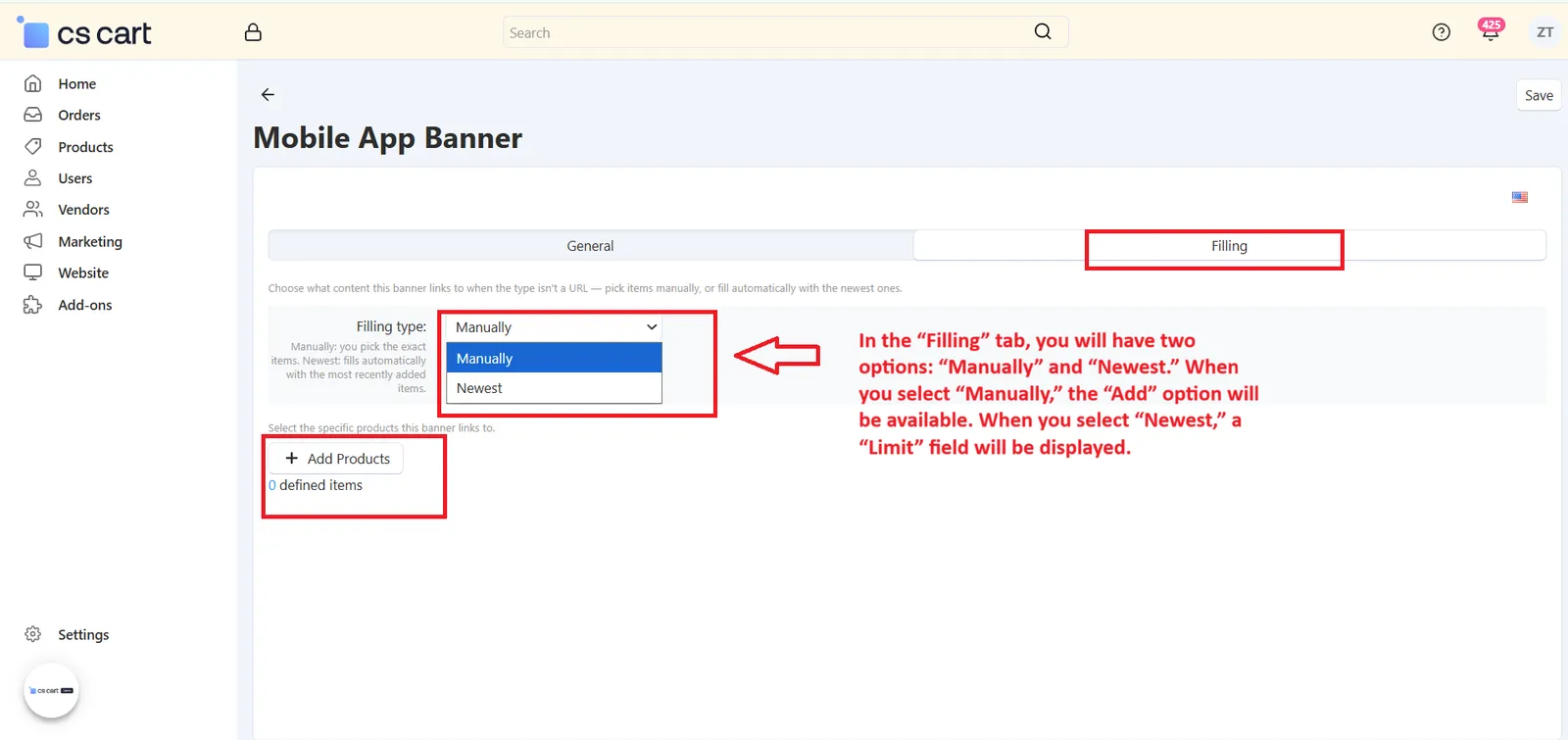 Mobile App Banner – Filling tab with Manually and Newest options
