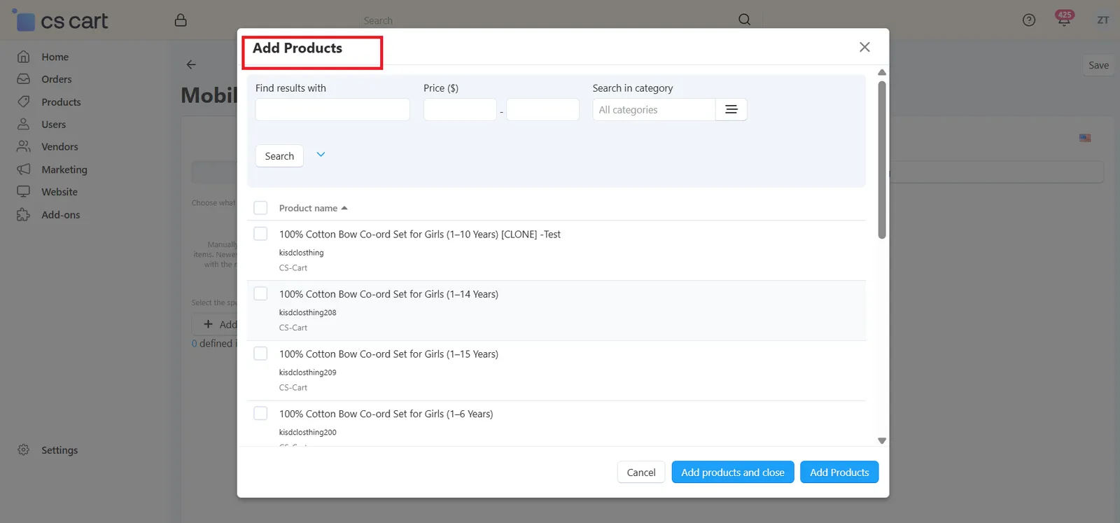 Add Products pop-up with search filters and product list