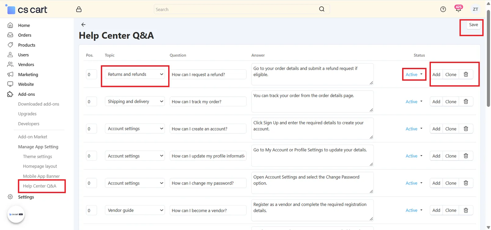 Help Center Q&A page with position, topic, question, answer and status for each row