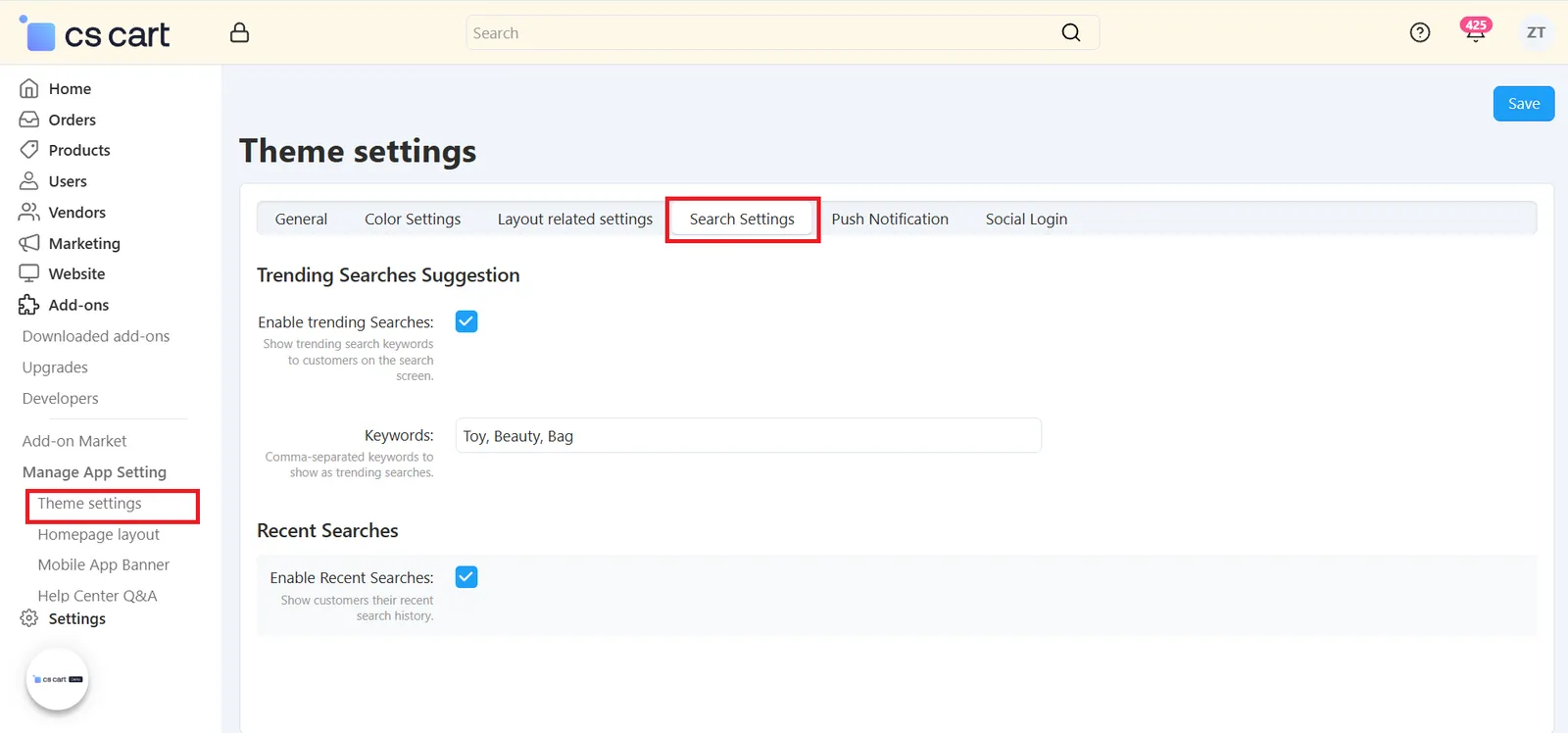 Theme Settings – Search Settings tab with trending and recent searches