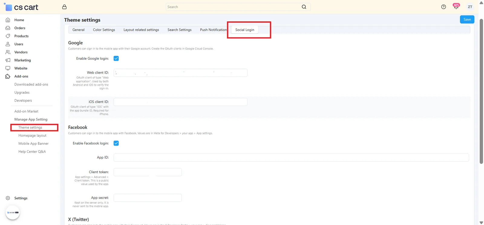 Theme Settings – Social Login tab with Google, Facebook and X settings