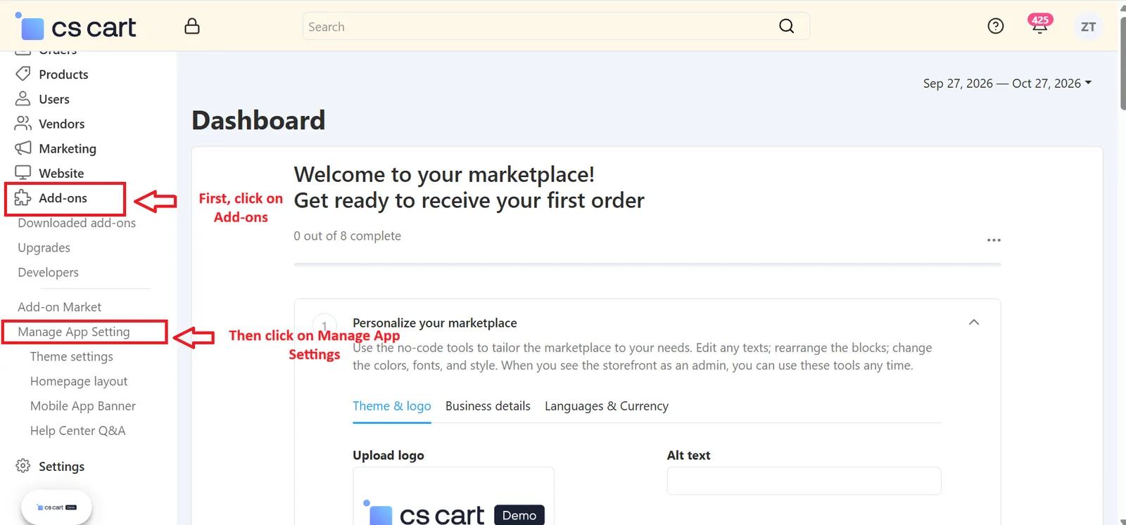 Manage App Setting menu with Theme settings, Homepage layout, Mobile App Banner and Help Center Q&A