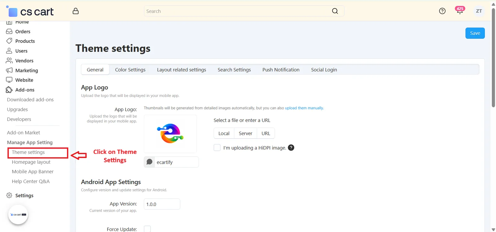 Theme Settings page with General, Color Settings, Layout related settings, Search Settings, Push Notification and Social Login tabs