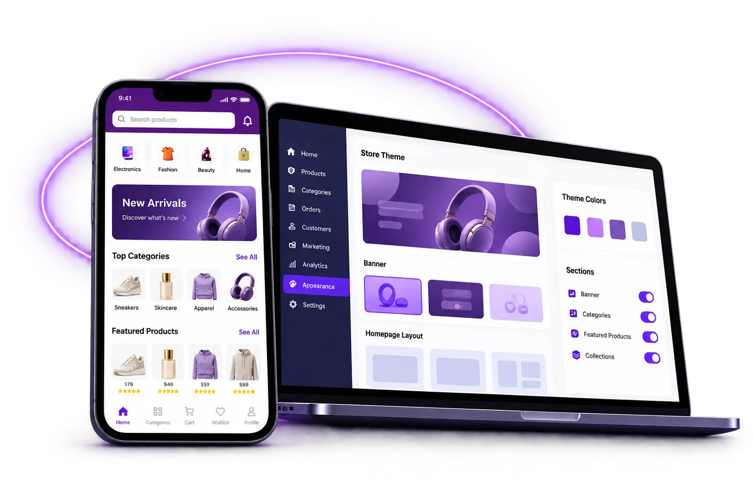 Customer shopping app on a phone beside an admin customization dashboard on a laptop