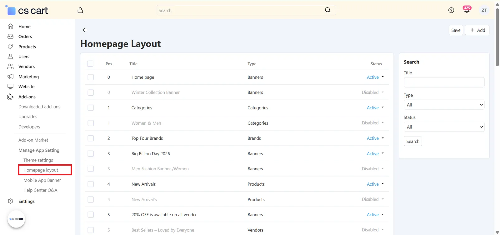 Homepage Layout blocks in the admin panel