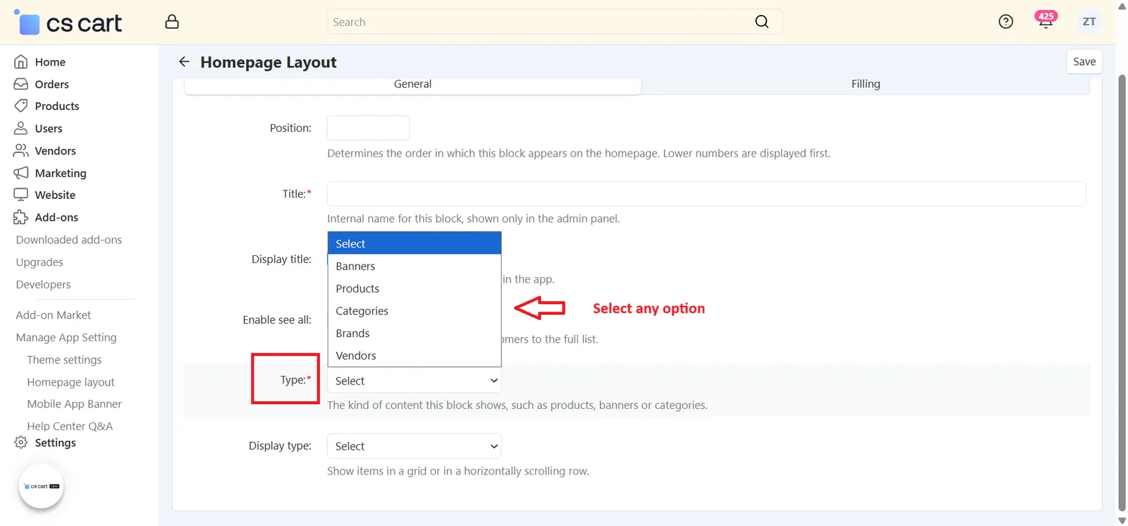 Type dropdown showing Banners, Products, Categories, Brands and Vendors