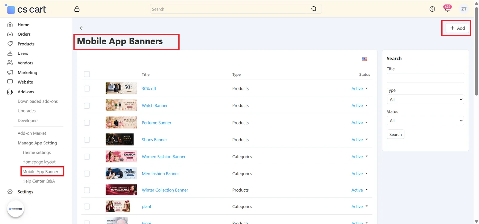 Mobile App Banners list with image, title, type and status