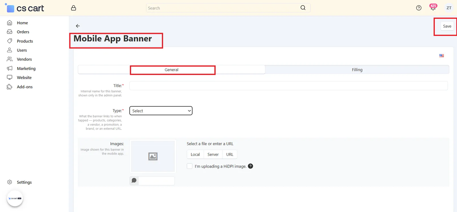 Mobile App Banner – General tab with Title, Type and Images