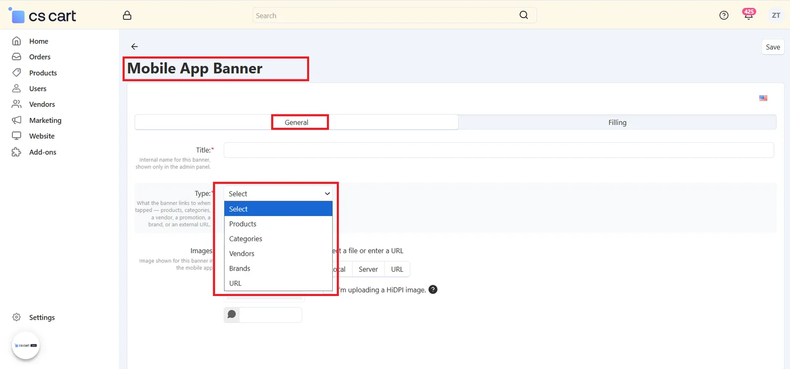 Type dropdown showing Products, Categories, Vendors, Brands and URL