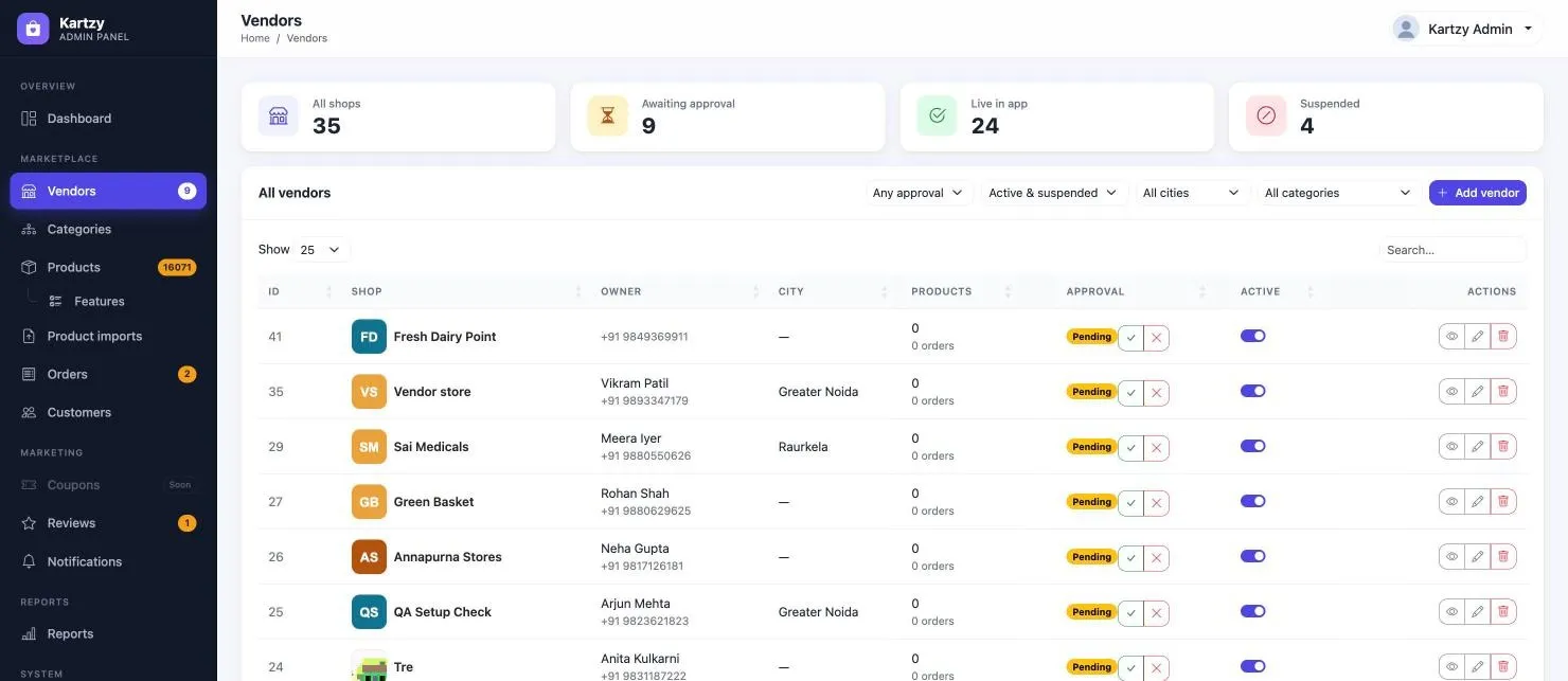 Kartzy Vendor management
