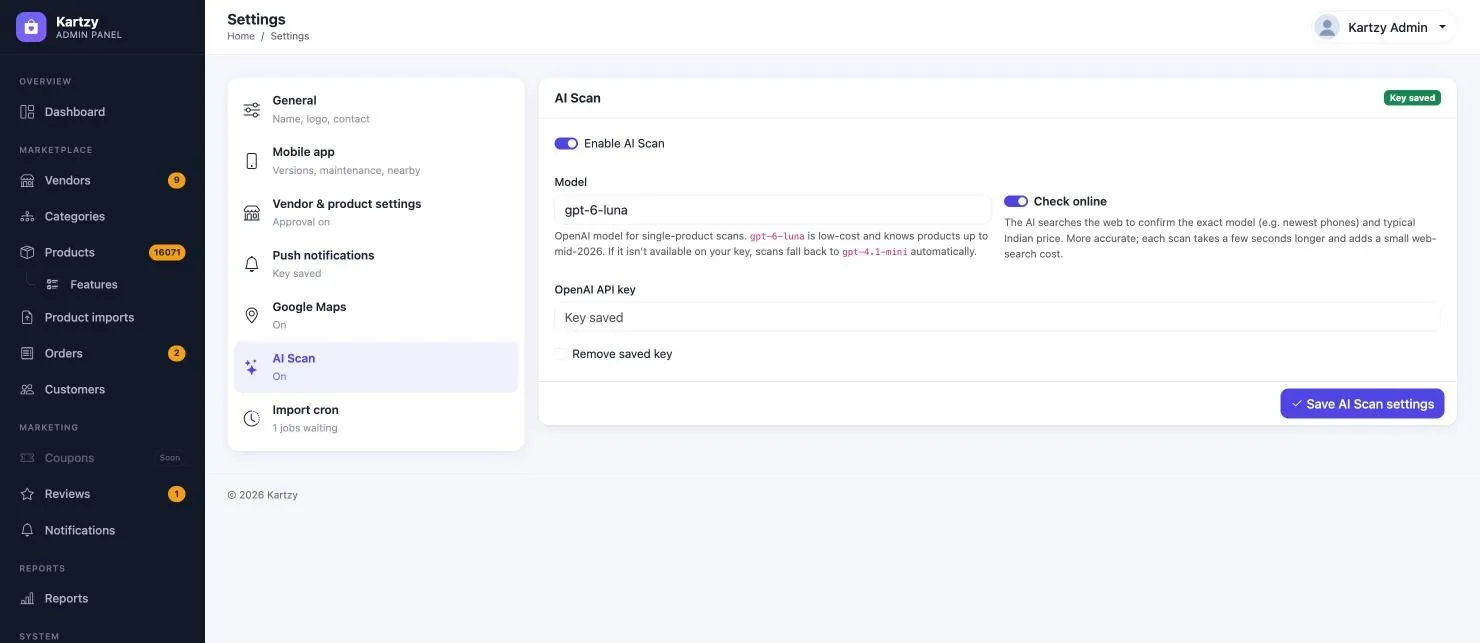 Kartzy AI Scan settings