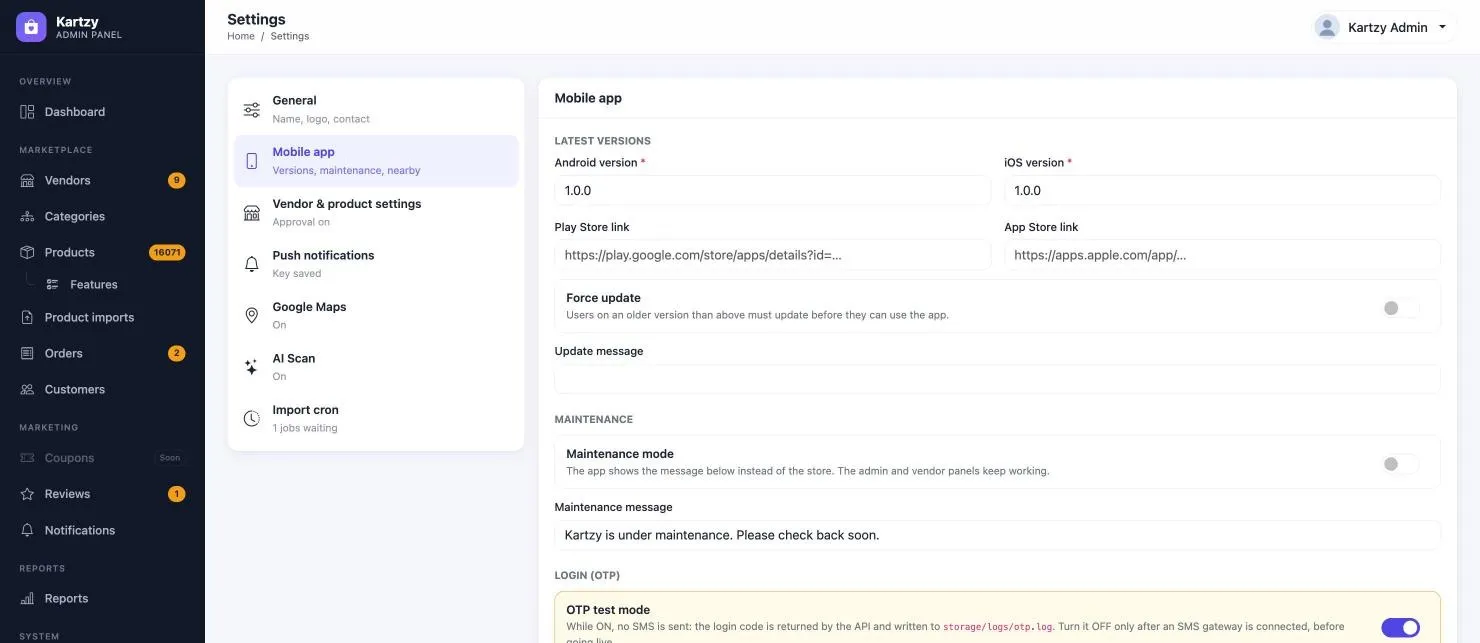 Kartzy Mobile app settings