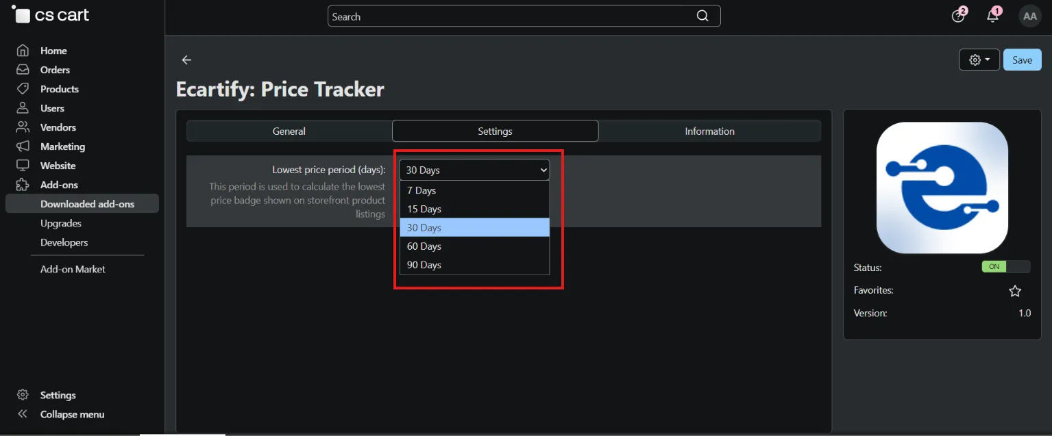 Configure Lowest Price Period Settings