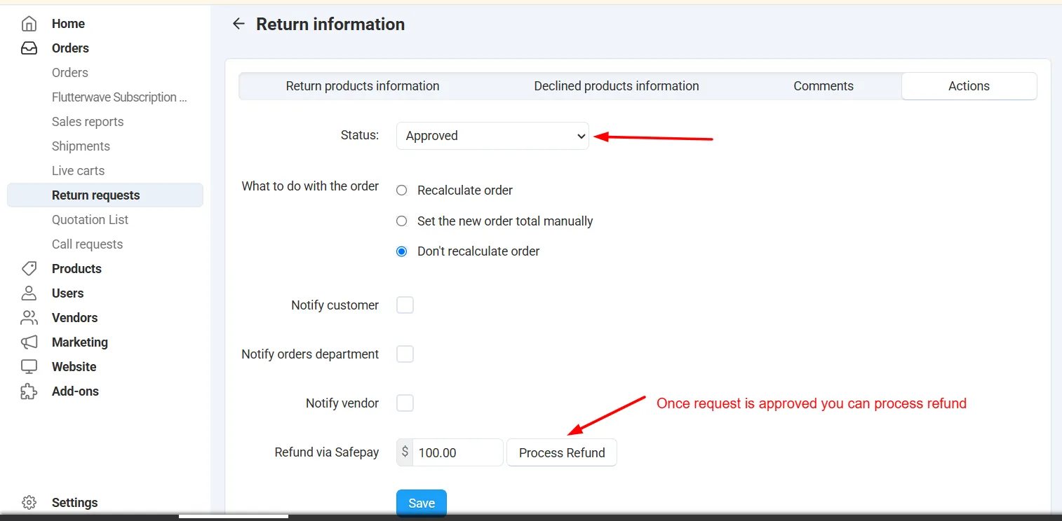 Refund via Safepay panel available after approving a return request