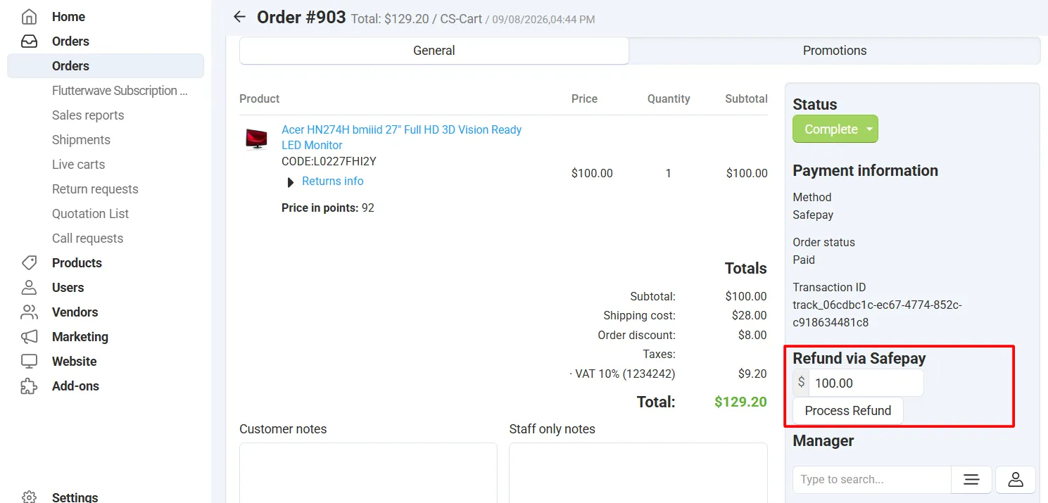 Refund via Safepay panel on the order details page