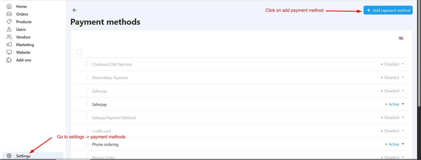 Payment methods page with Add payment method button highlighted