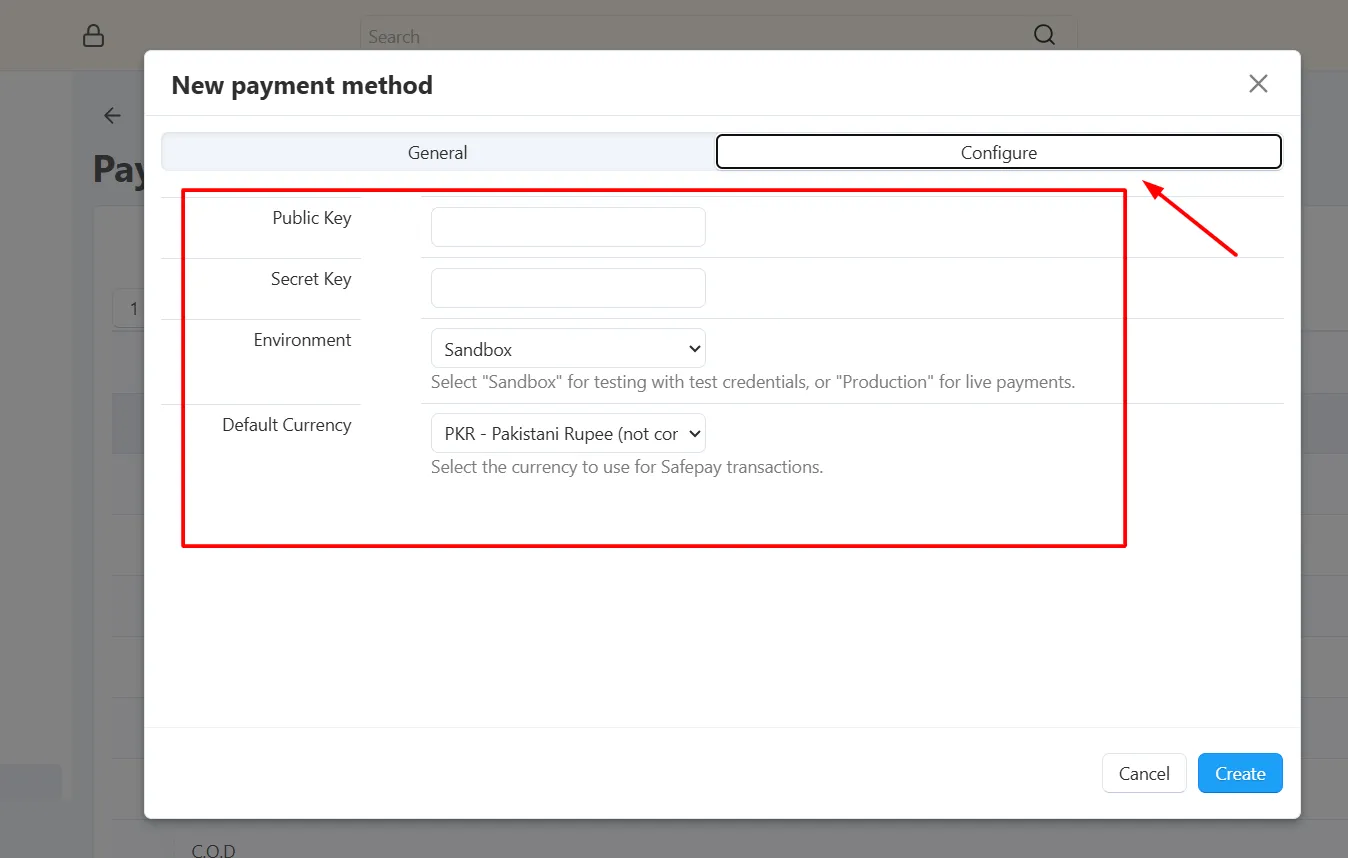 Safepay Configure tab with Public Key, Secret Key, Environment and Default Currency fields